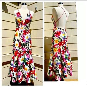 ASOS Floral Drop Waist Plunging Scuba Midi Dress